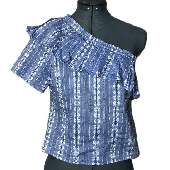 NWT Splendid one shoulder Ruffle top women’s size XS Blue and white - Picture 4 of 16